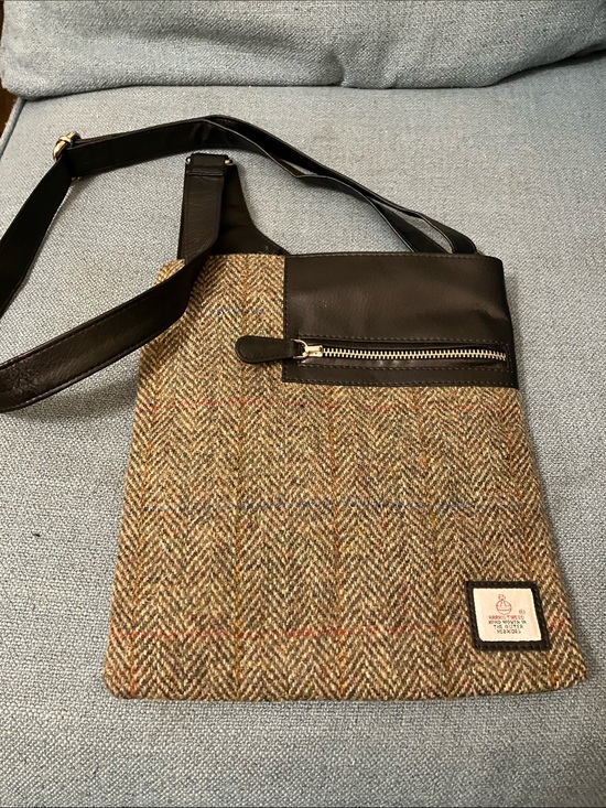 Harris Tweed Handbags - Herringbone Tweed Crossbody Bag with Black Leather Trim - Brown/Black